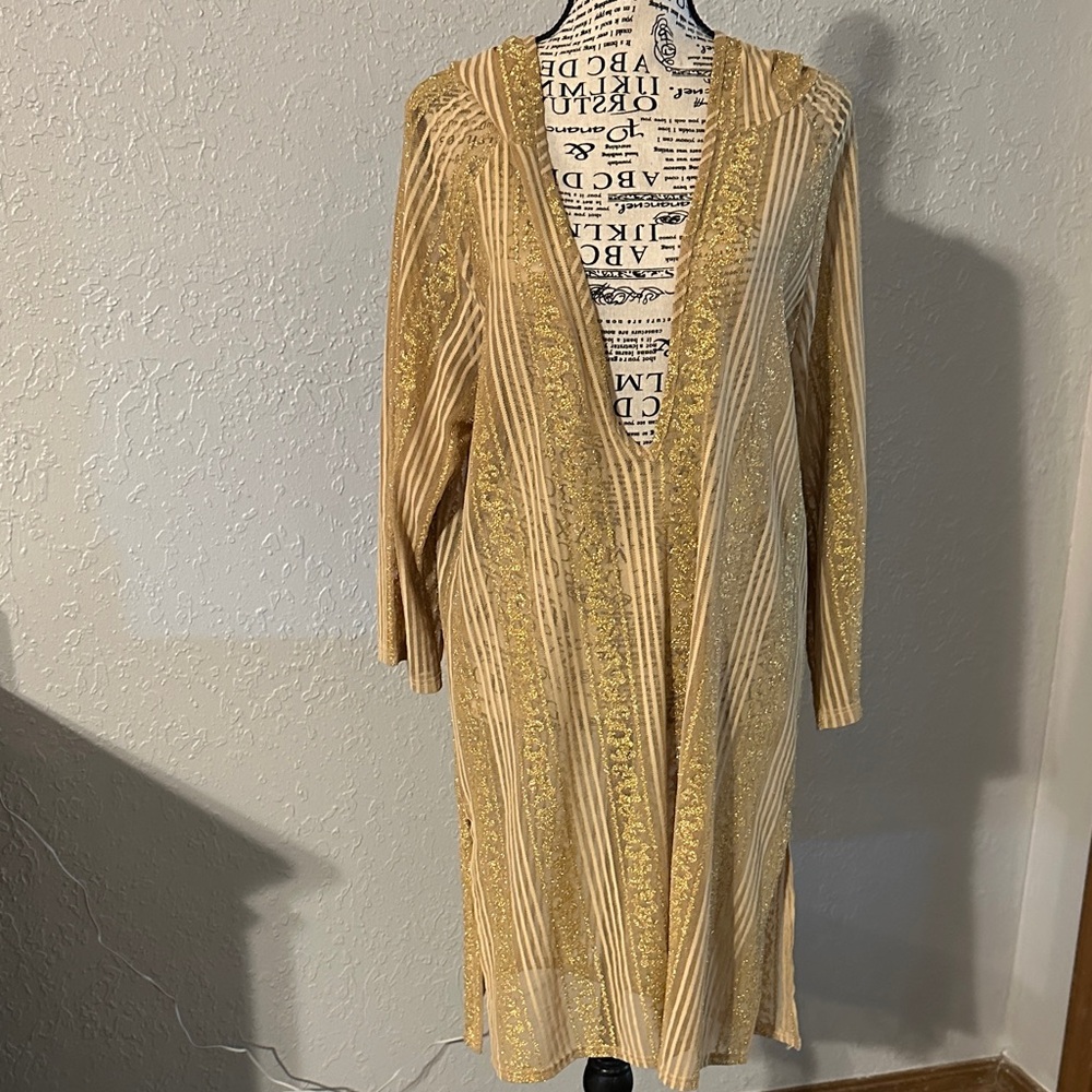 Gold shimmer Long Sheer Coverup with Hood